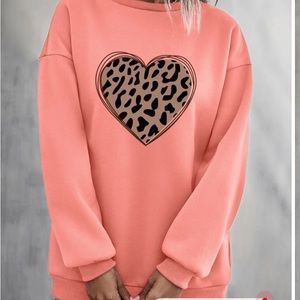 SHEIN Heart and Leopard print oversized drop shoulder coral pullover size S NWOT